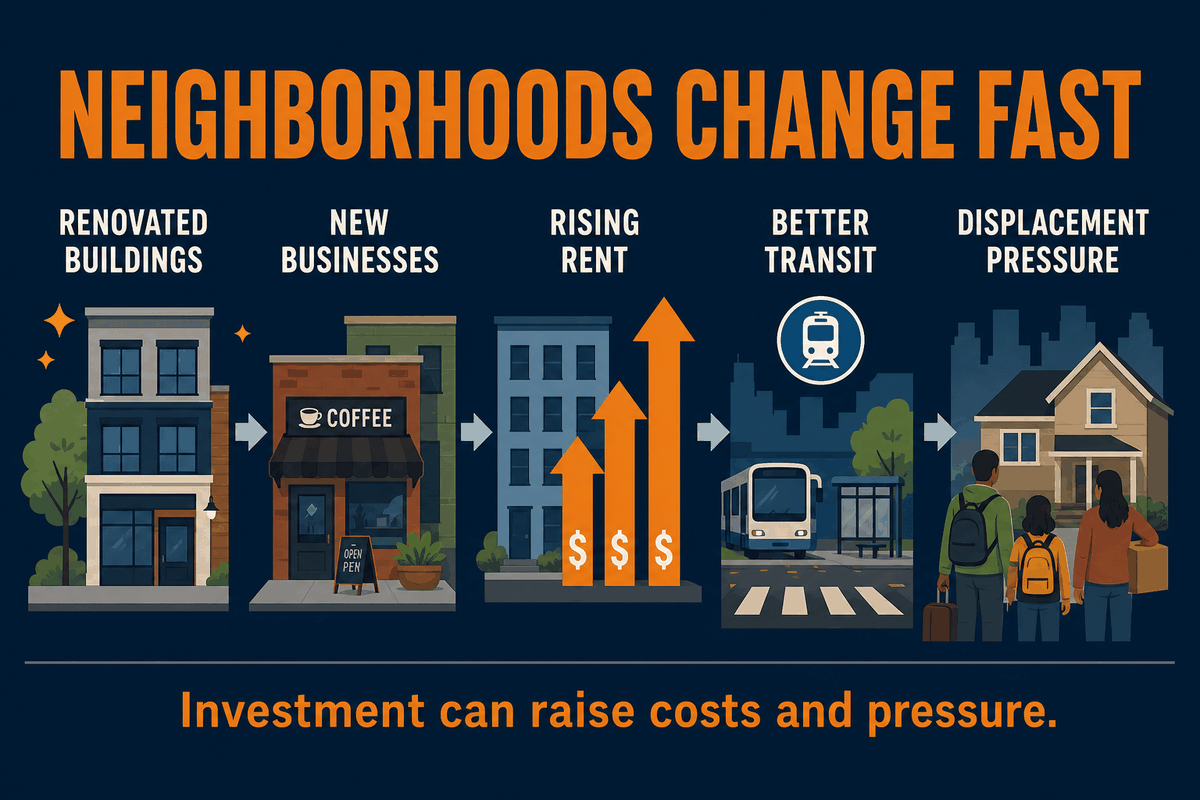 AP Human Geography gentrification neighborhood change infographic showing reinvestment, rising rents, new businesses, renovated buildings, and displacement pressure.