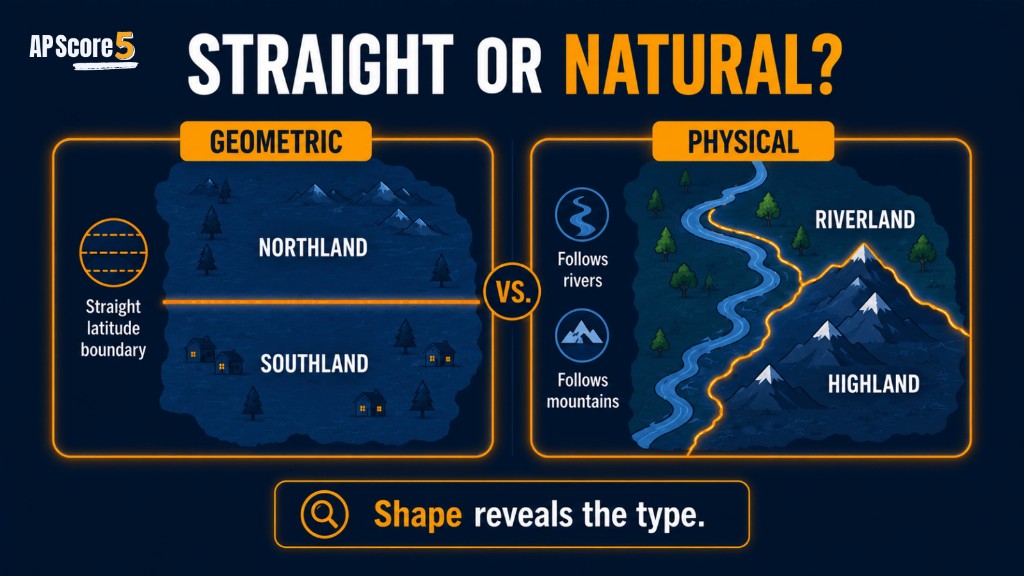 Geometric versus physical boundaries AP Human Geography image comparing straight line and natural feature boundaries
