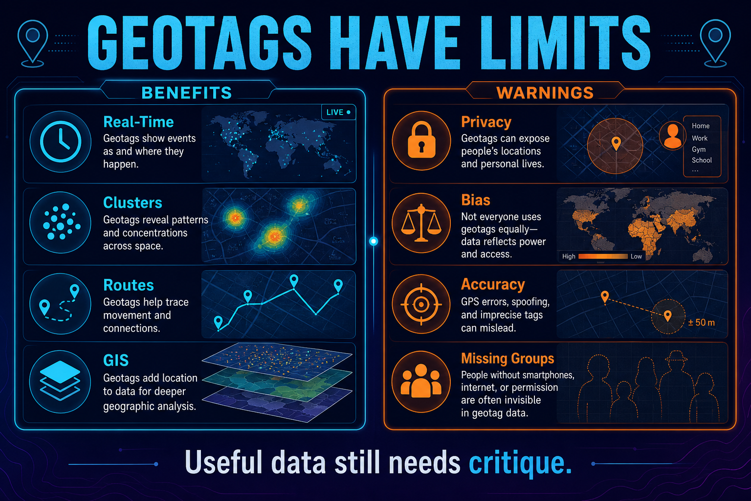 Geotagged data benefits and limitations in AP Human Geography showing real-time location patterns but privacy bias accuracy and representation concerns