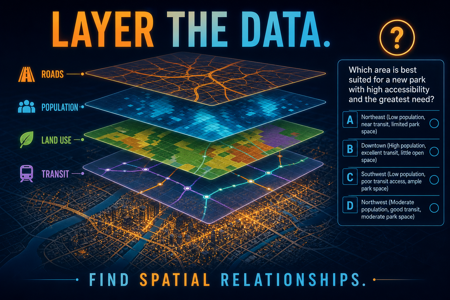 GIS Data Practice AP Human Geography GIS and geographic data practice visual showing map layers, GPS points, census data, remote sensing, and spatial analysis