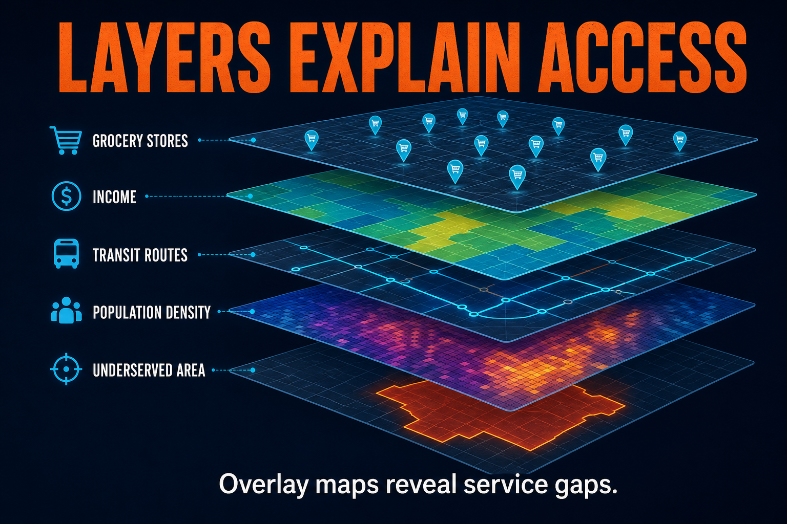 GIS Overlay Food Access Spatial Analysis GIS overlay example for spatial analysis in AP Human Geography showing grocery stores income population density transit and food access gaps