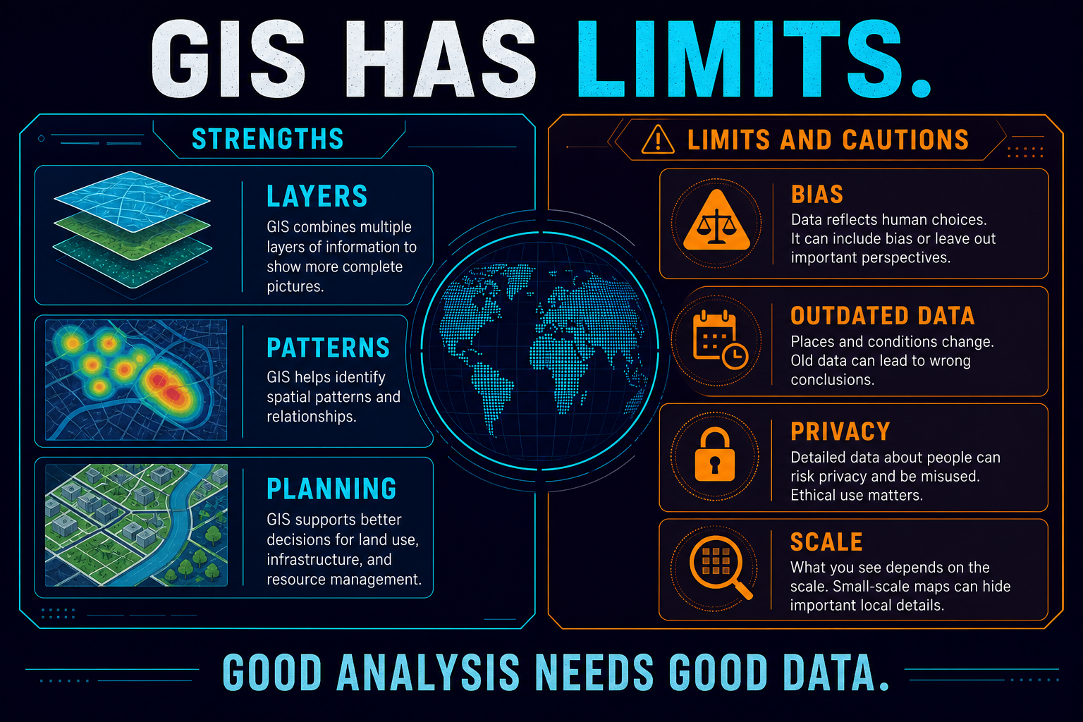 GIS strengths and limitations in AP Human Geography showing useful spatial analysis but risks from outdated biased incomplete or private data