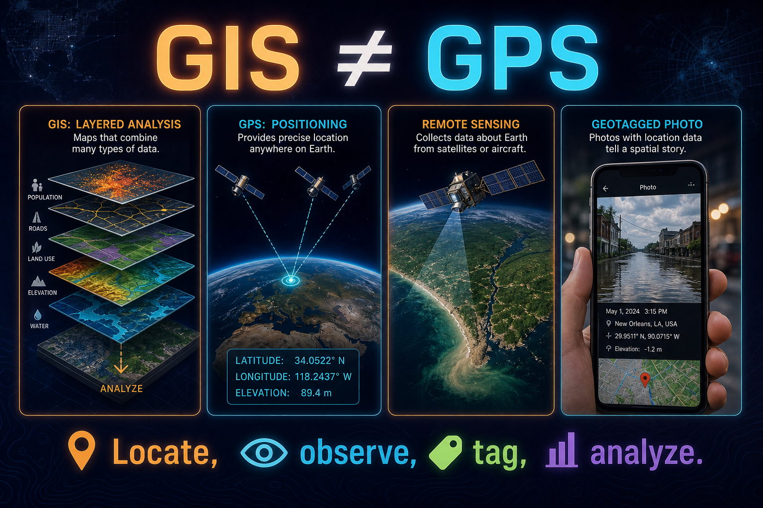 GIS versus GPS versus remote sensing in AP Human Geography showing layers coordinates satellite imagery and geotagged data