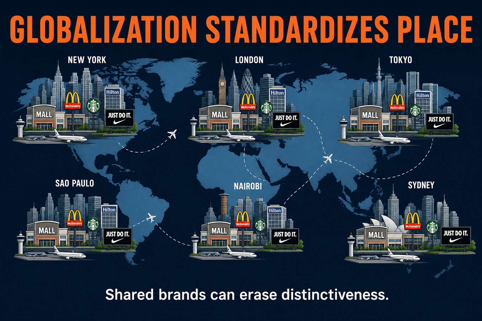 Globalization Causes Placelessness AP Human Geography AP Human Geography globalization and placelessness visual showing identical malls fast food hotels airports and billboards across cities