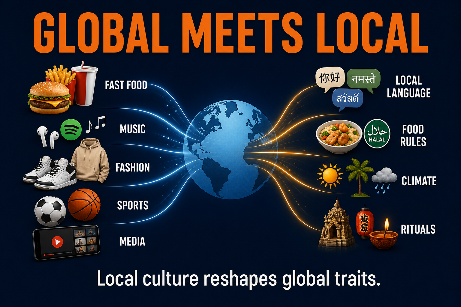 AP Human Geography globalization and syncretism visual showing global food music fashion sports and media blending with local language food rules climate and rituals