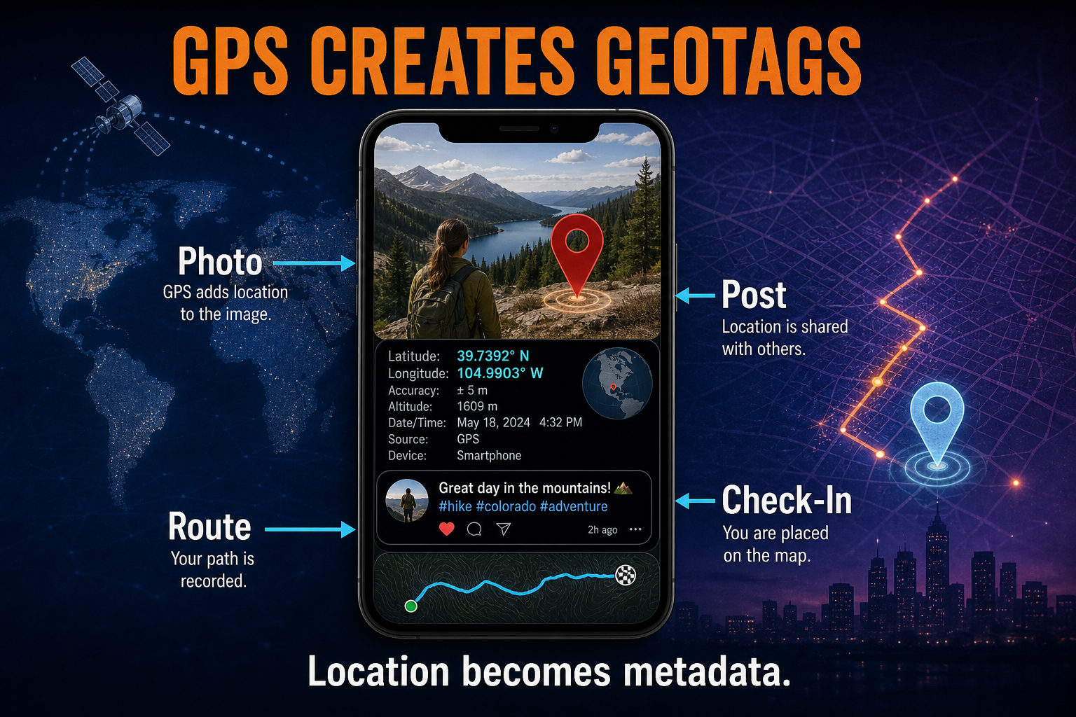 GPS and geotagged data in AP Human Geography showing a phone photo with latitude longitude metadata and a map pin