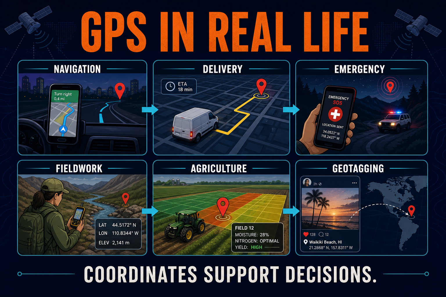 GPS examples in AP Human Geography including navigation delivery tracking emergency response precision agriculture field research and geotagged photos