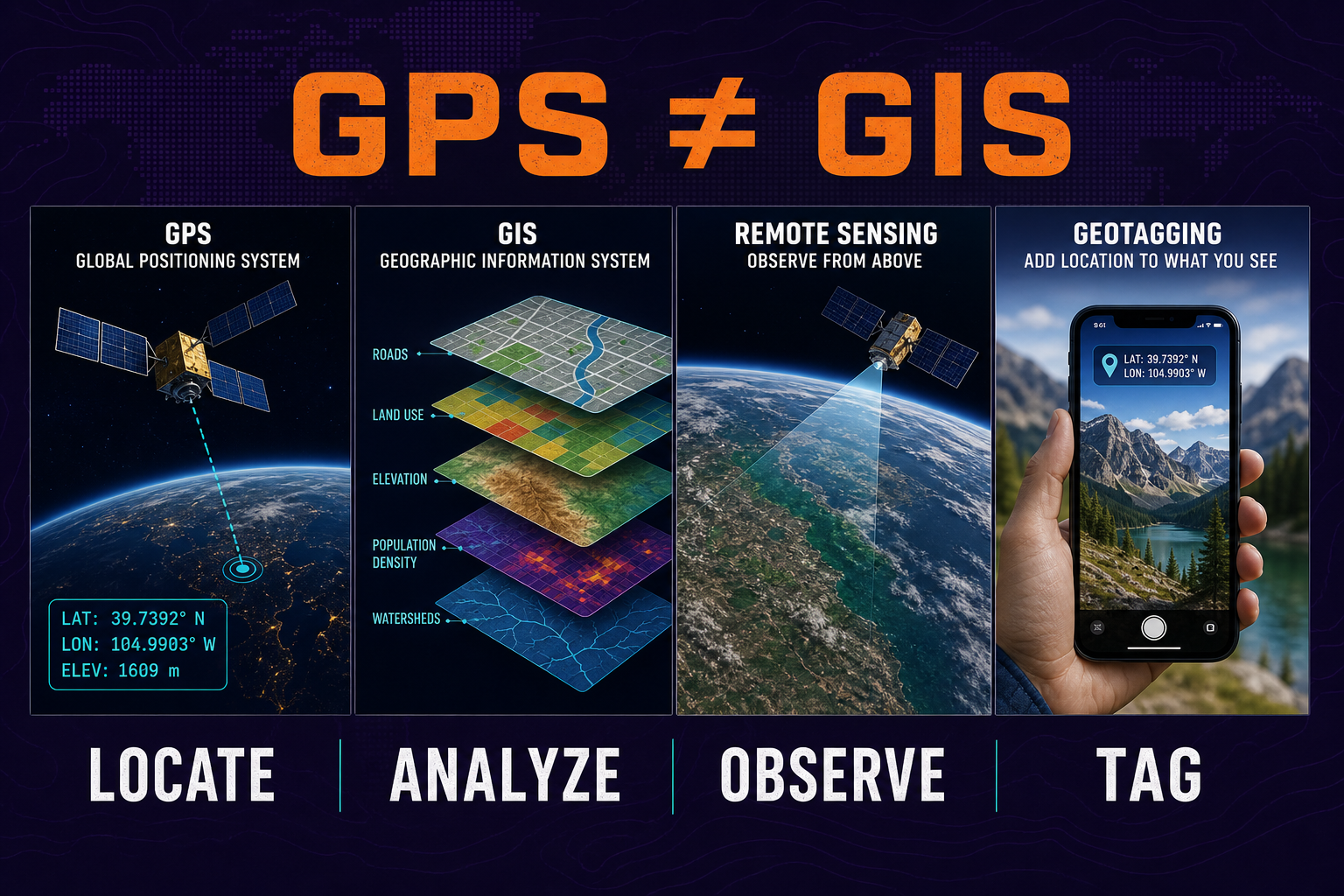 GPS versus GIS versus remote sensing in AP Human Geography showing coordinates layers satellite imagery and geotagged data