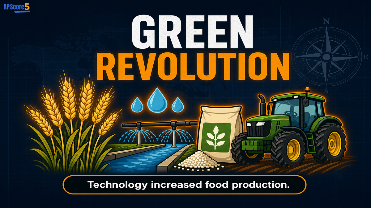 Green Revolution AP Human Geography infographic showing high-yield seeds, irrigation, fertilizer, machinery, and increased crop production