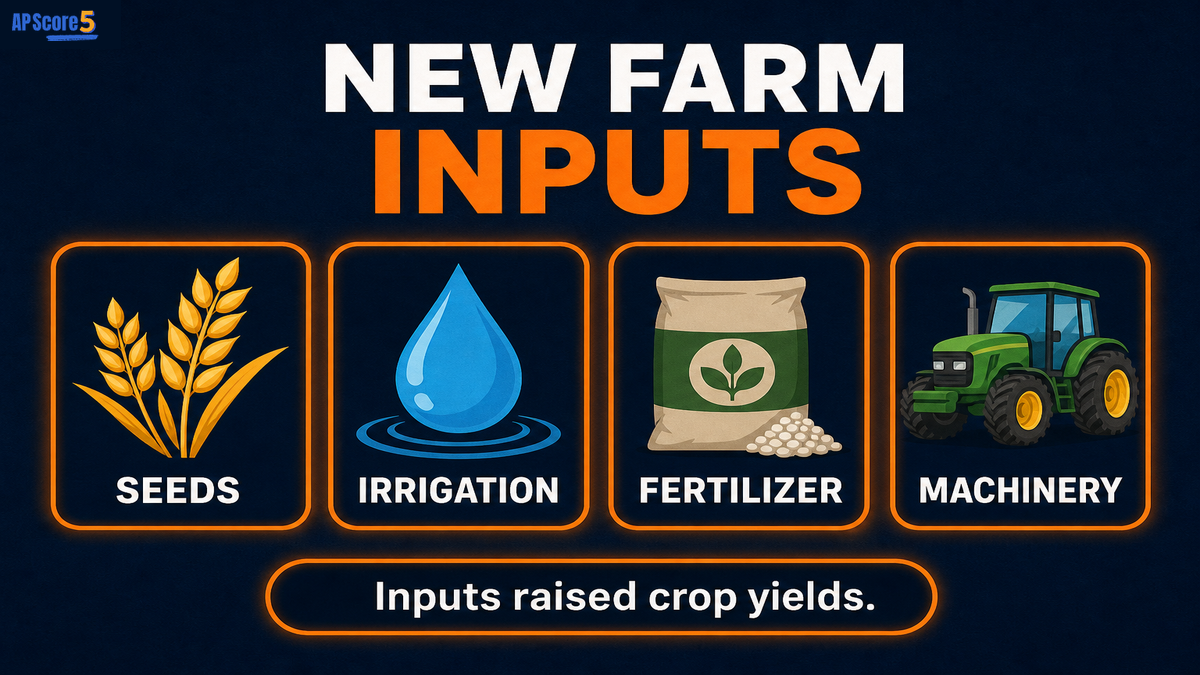 Green Revolution inputs AP Human Geography infographic showing seeds, fertilizer, irrigation, and machinery