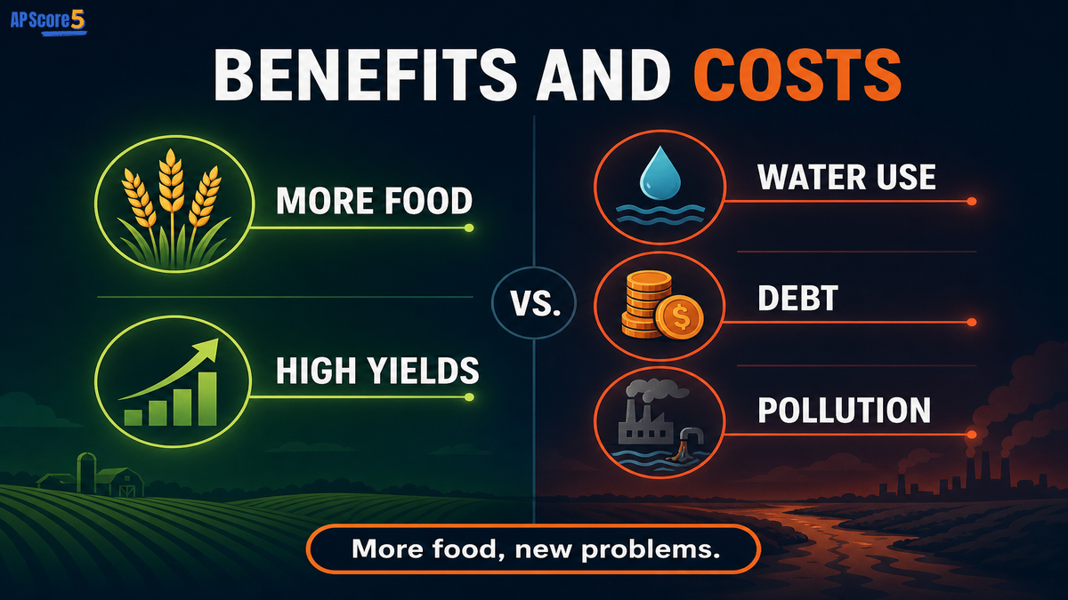 Green Revolution pros and cons AP Human Geography infographic comparing higher food production with environmental and social costs