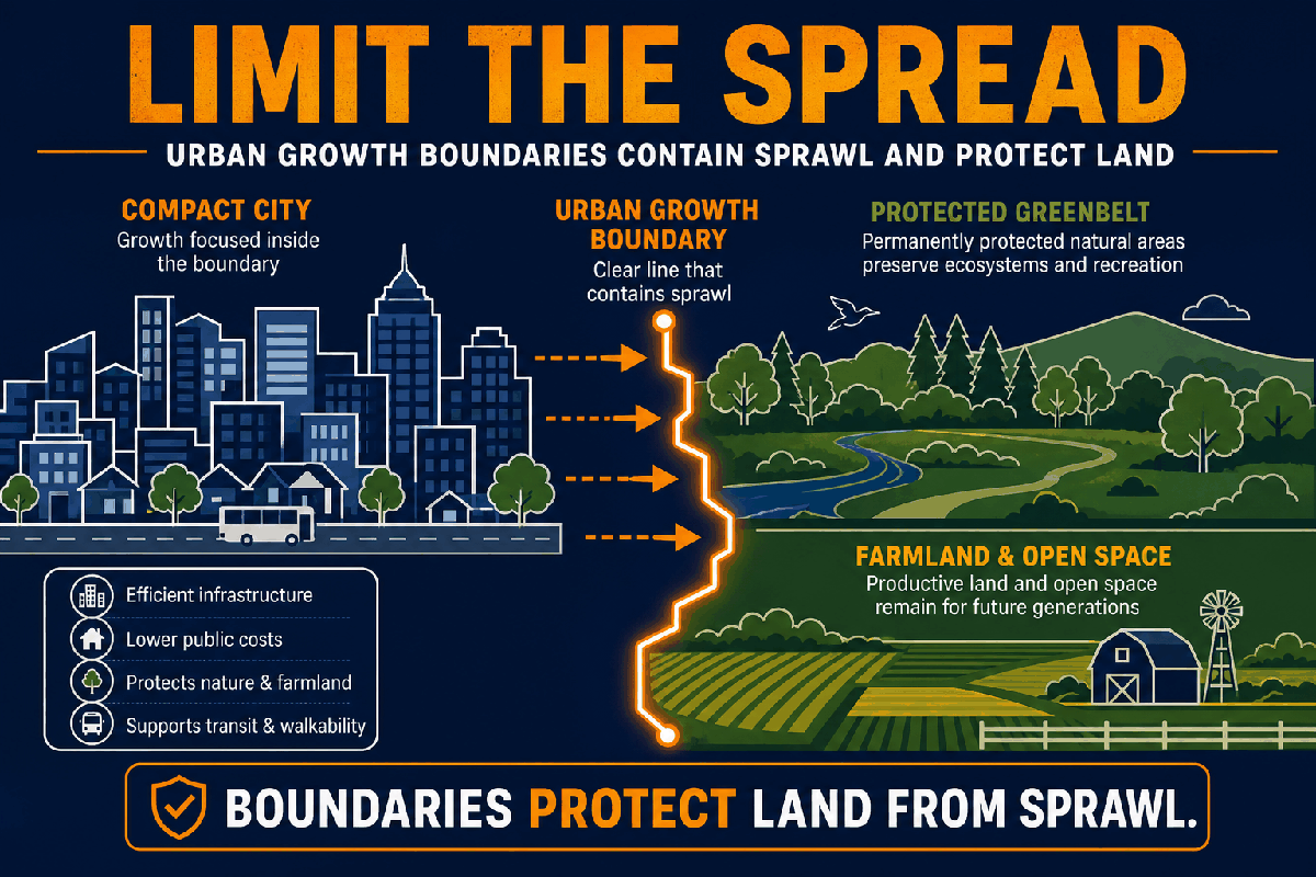 AP Human Geography greenbelts and urban growth boundaries infographic showing protected open space limiting outward urban sprawl.