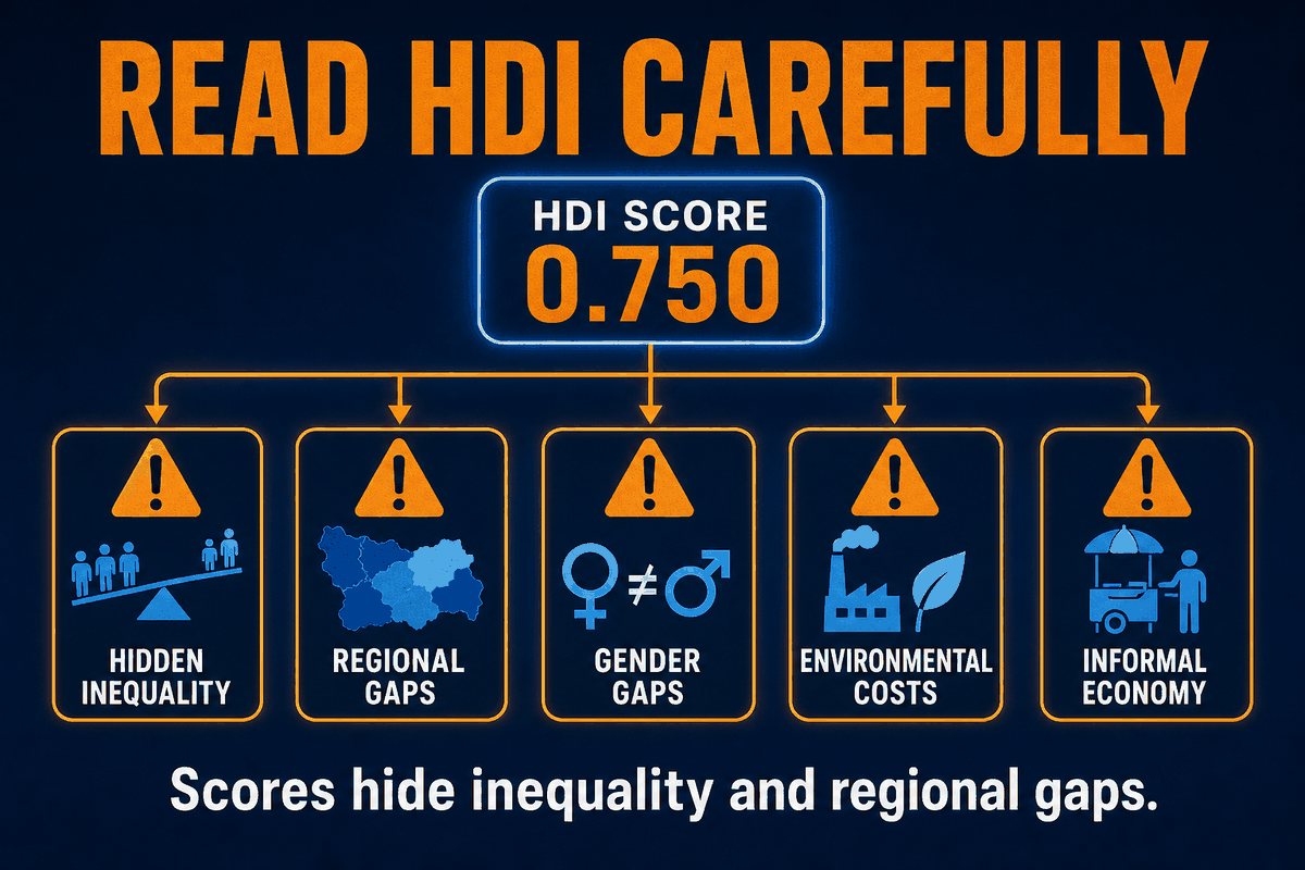 AP Human Geography HDI trap infographic showing how HDI scores can hide inequality, regional variation, gender gaps, and environmental costs.