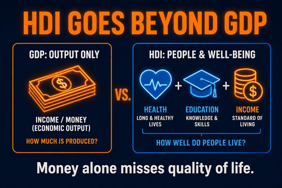 AP Human Geography HDI versus GDP infographic comparing income-only measurement with health, education, and income combined.