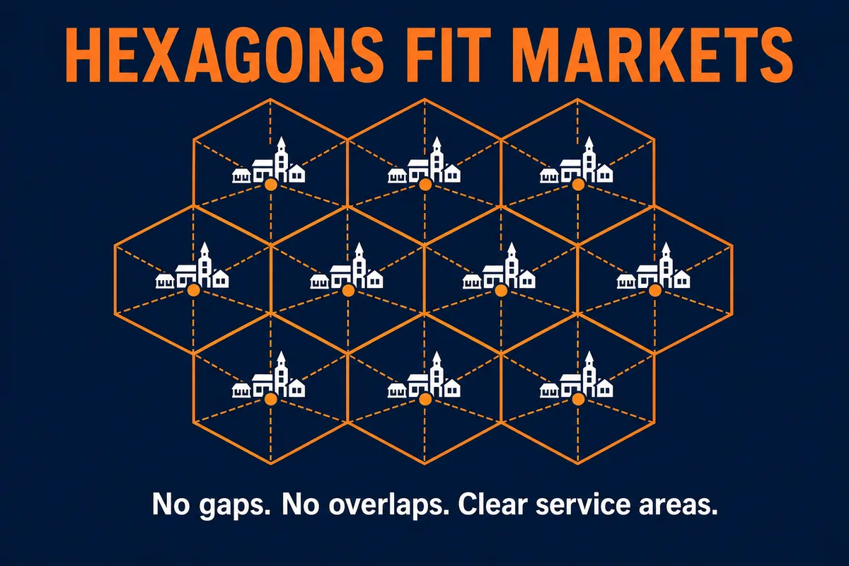 AP Human Geography Central Place Theory hexagon infographic showing market areas around settlements with no gaps or overlaps.