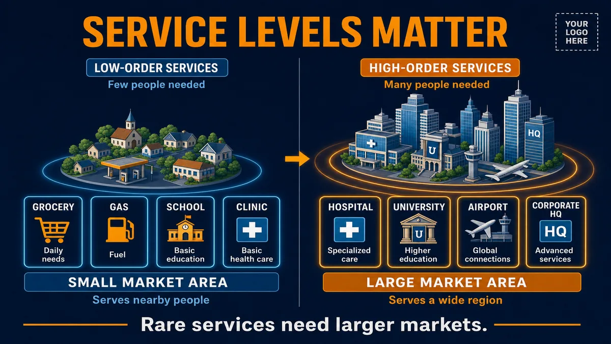 AP Human Geography high-order and low-order services infographic comparing everyday local services with specialized services in larger cities.