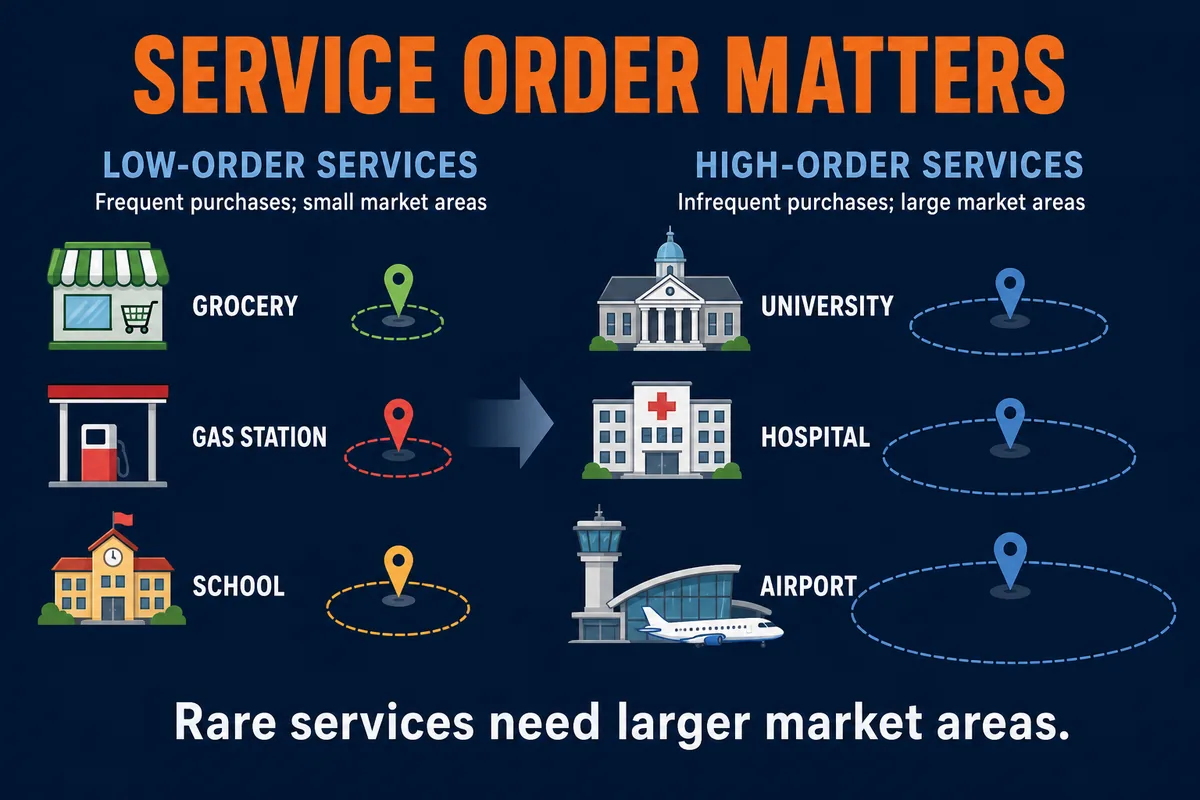 AP Human Geography high-order and low-order services infographic comparing everyday services with specialized services in larger settlements.