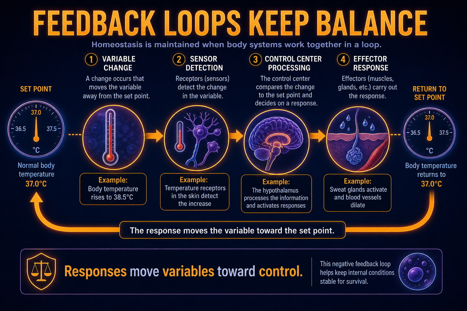 AP Biology homeostasis and feedback loops infographic showing variable, set point, sensor, control center, effector, response, and feedback regulation