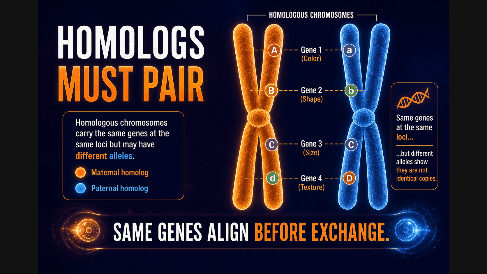 AP Biology homologous chromosome infographic showing chromosomes with the same genes aligning before crossing over
