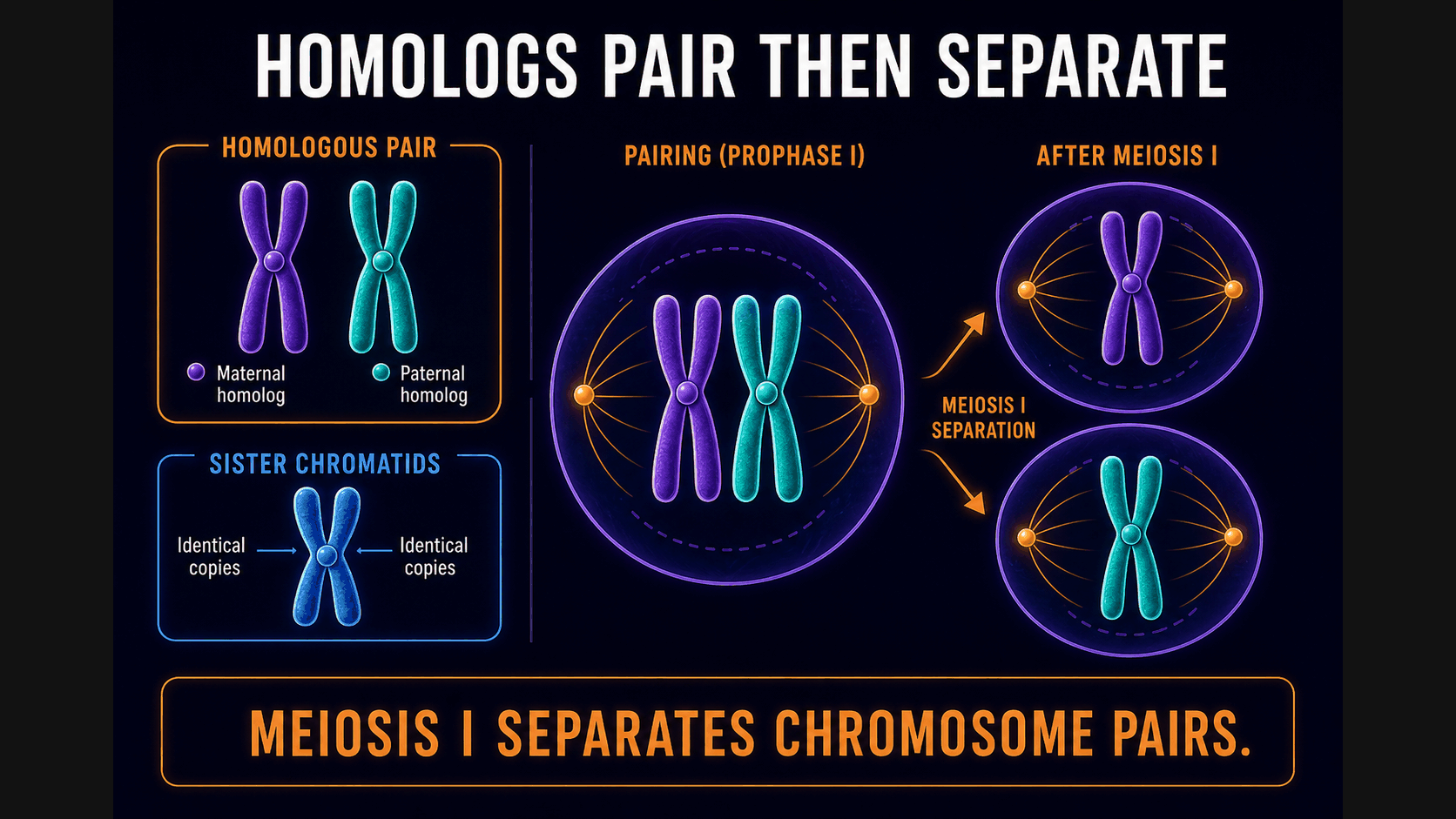 AP Biology meiosis infographic showing homologous chromosome pairs aligning and separating during meiosis I