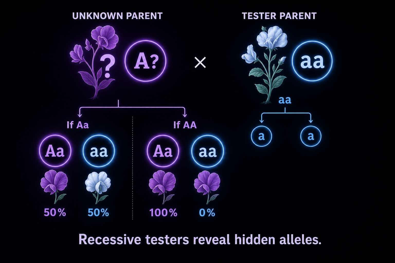 AP Biology homozygous recessive tester diagram showing aa crossed with unknown dominant parent