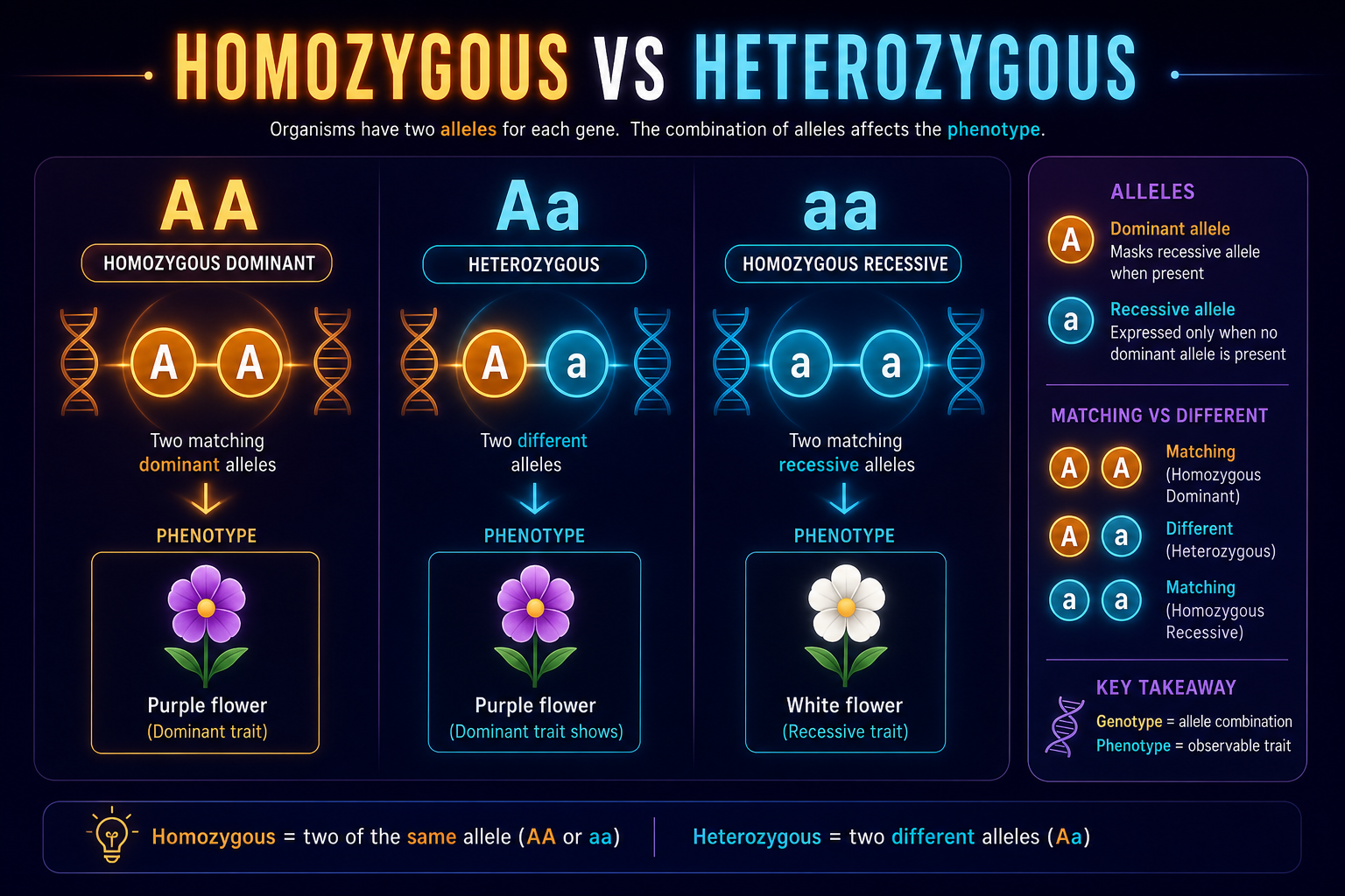 AP Biology homozygous vs heterozygous infographic showing AA, Aa, aa, allele pairs, genotype names, and phenotype outcomes
