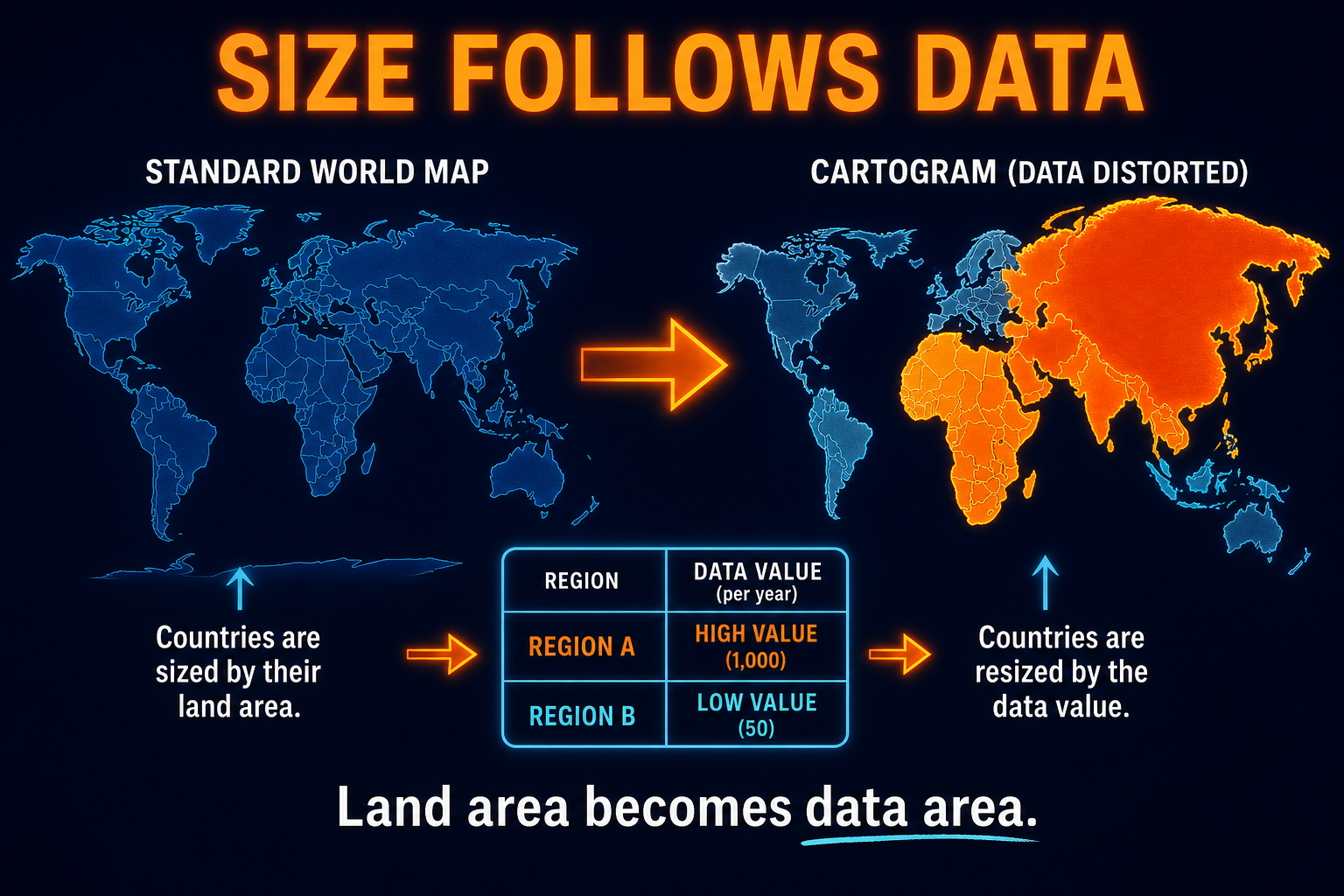 How cartograms work in AP Human Geography showing a land-area map transformed into a data-resized cartogram