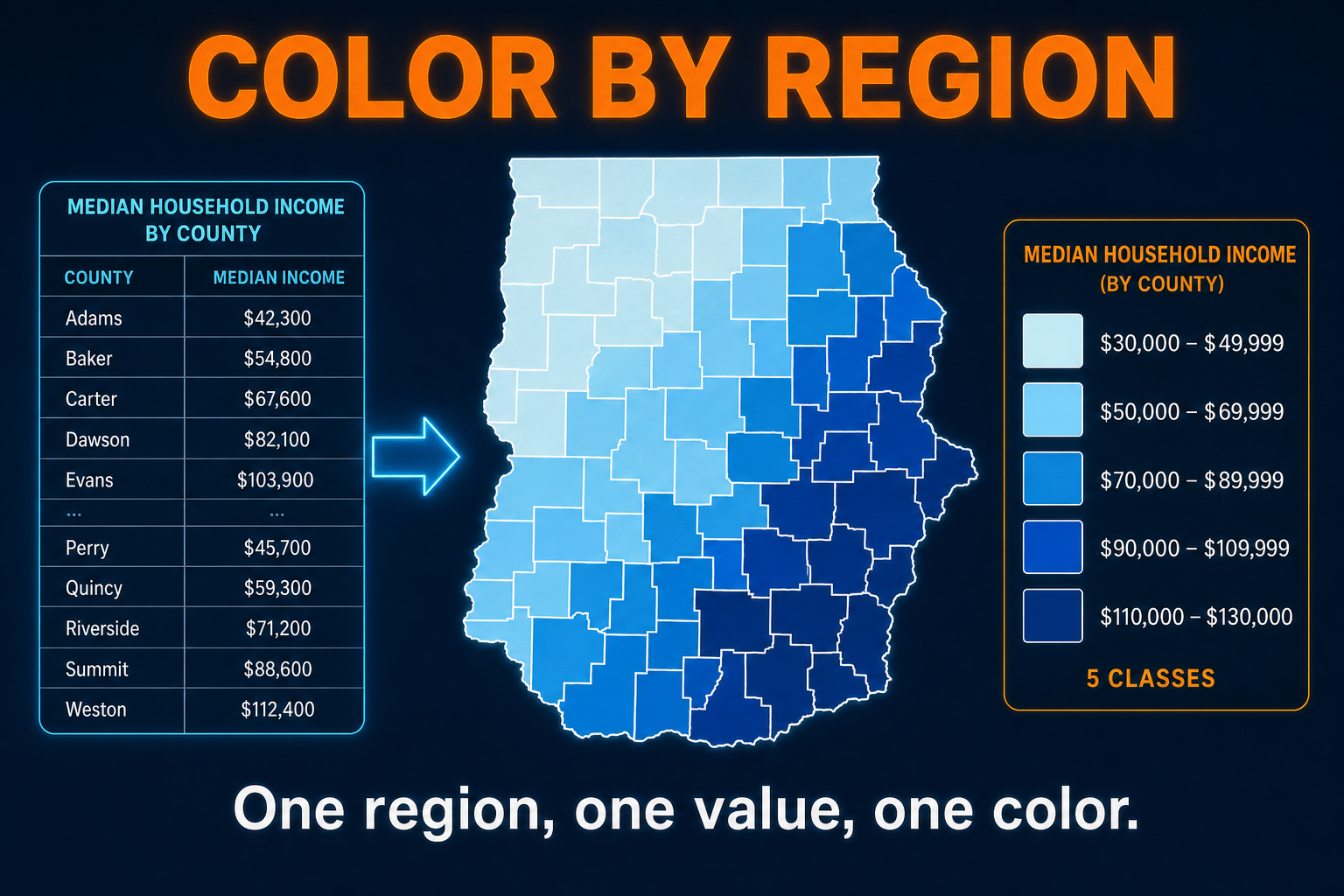 How choropleth maps work in AP Human Geography showing counties shaded by data values and a color legend