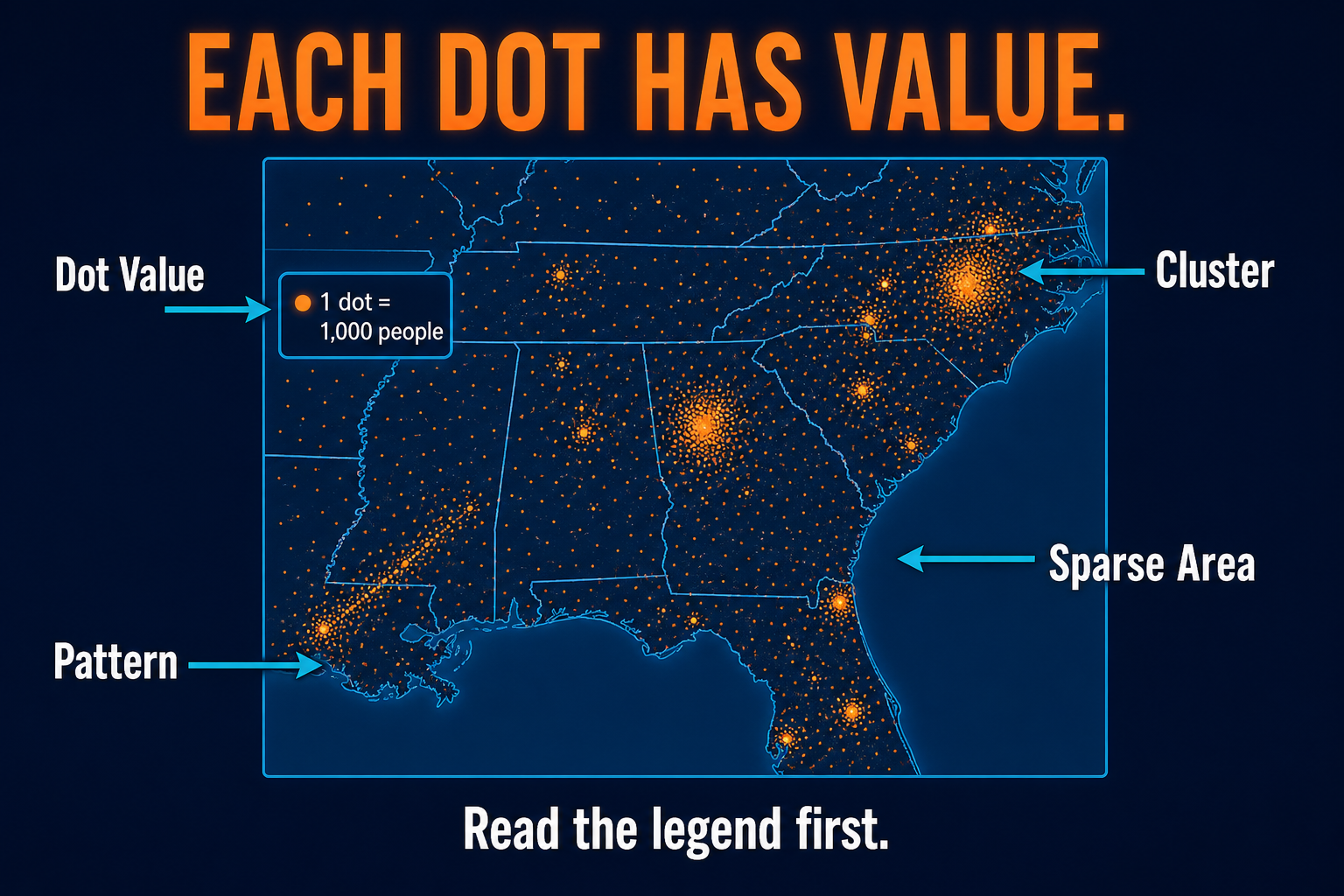 How dot distribution maps work in AP Human Geography showing dot value legend clusters and sparse areas