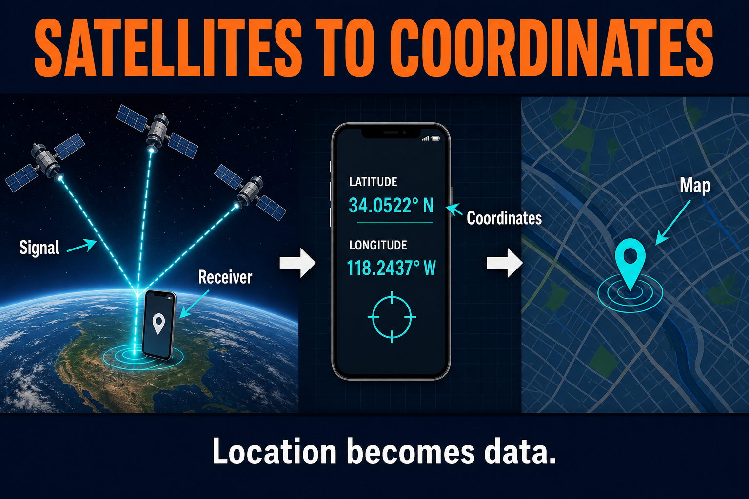 How GPS works in AP Human Geography showing satellites sending signals to a receiver that calculates latitude and longitude