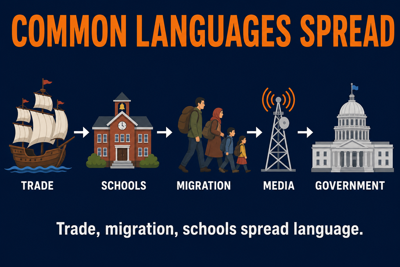 How Lingua Francas Spread AP Human Geography AP Human Geography visual showing lingua francas spreading through trade migration schools government media and global institutions