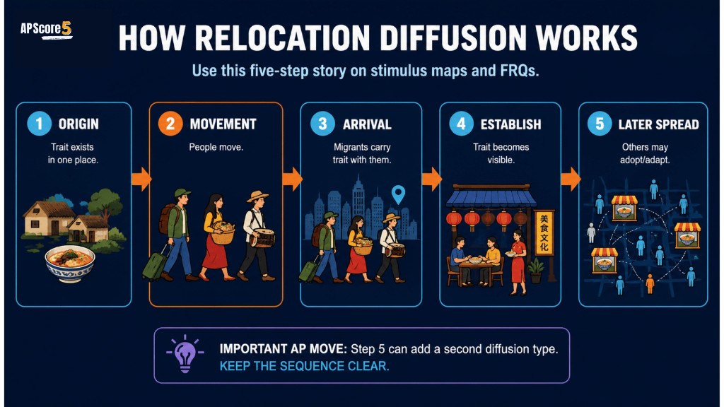 Five steps showing how relocation diffusion works