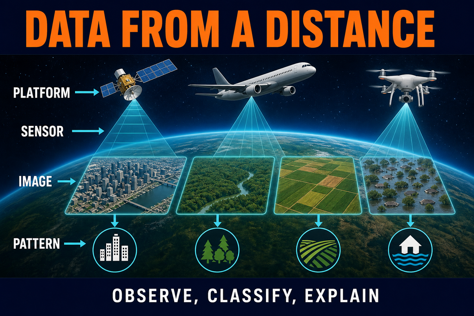How remote sensing works in AP Human Geography showing satellites drones aircraft and sensors collecting Earth surface data