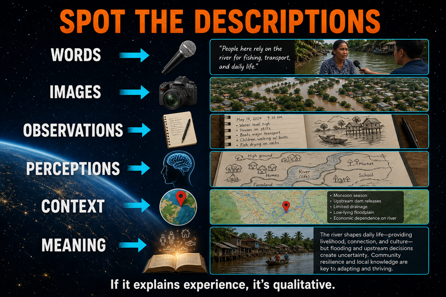 How to identify qualitative geographic data in AP Human Geography using words images observations perceptions context and meaning