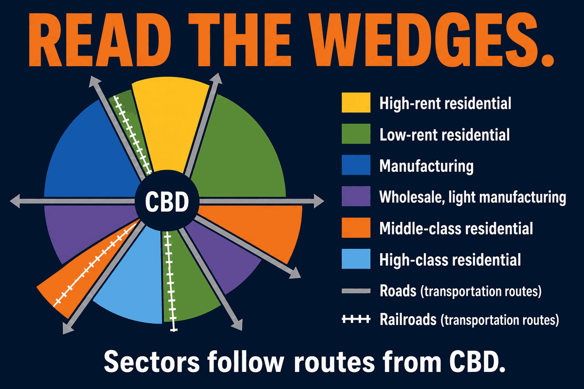 AP Human Geography Hoyt model wedges infographic showing land use sectors extending from the CBD along roads, railways, and transportation corridors.