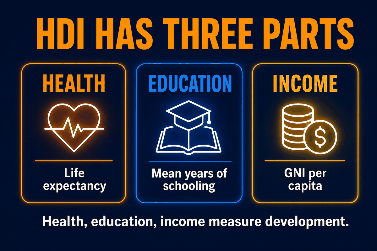 AP Human Geography Human Development Index components infographic showing health, education, and income as the three parts of HDI.