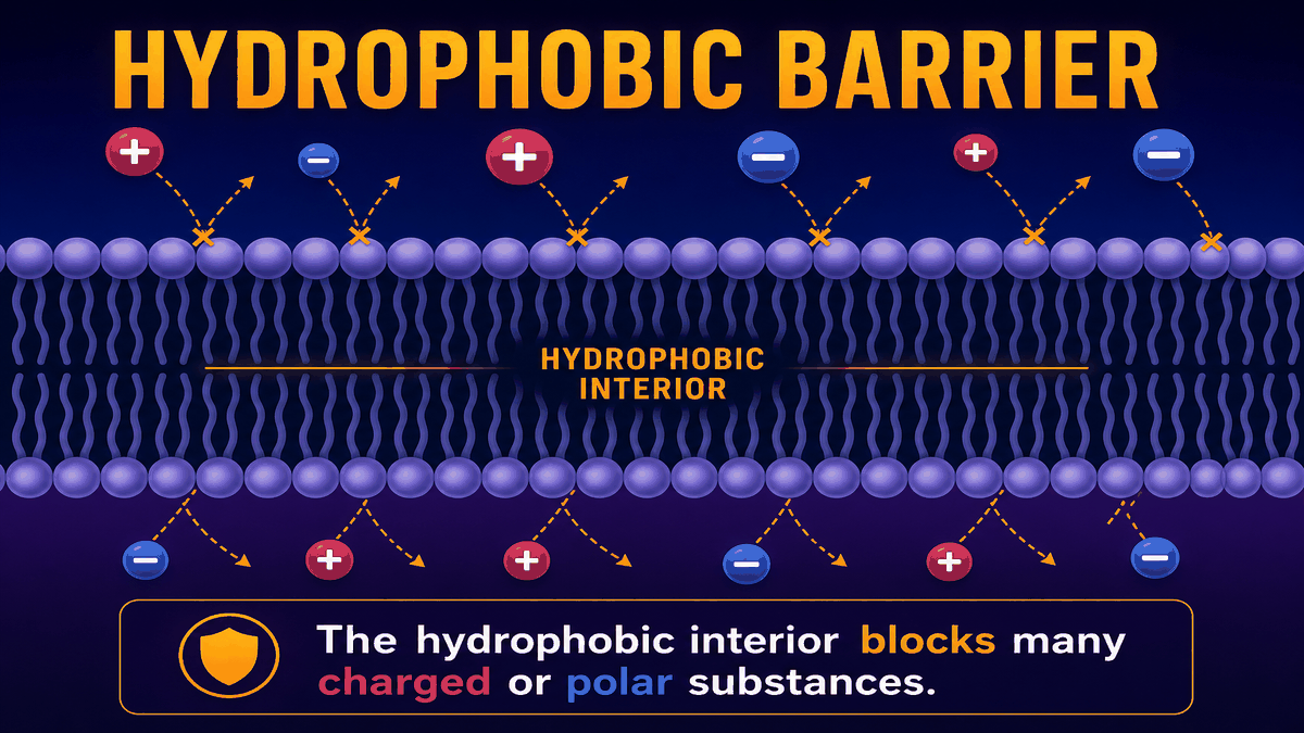 Hydrophobic barrier AP Biology infographic showing phospholipid tails blocking charged and polar substances