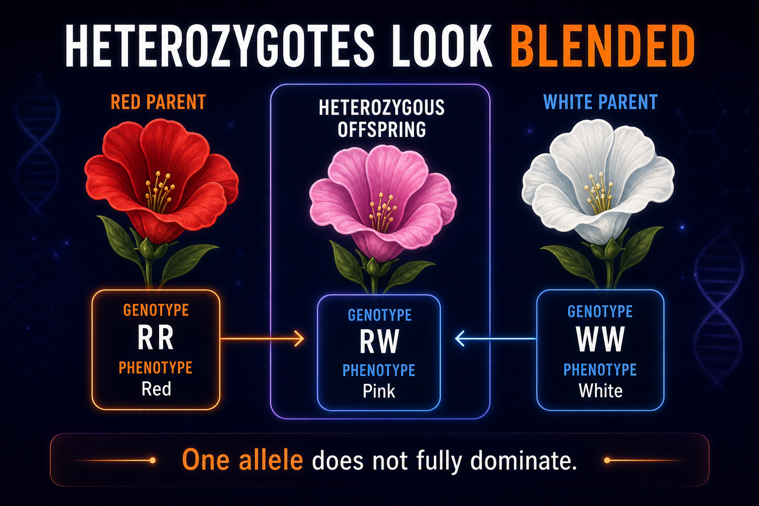 AP Biology incomplete dominance infographic showing heterozygotes with an intermediate blended phenotype