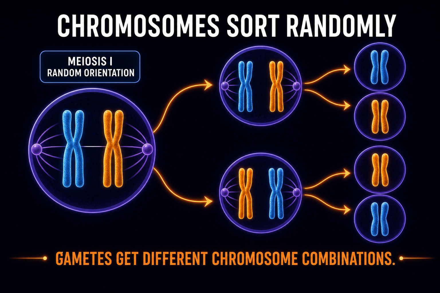 AP Biology independent assortment infographic showing homologous chromosome pairs randomly orienting and sorting into different gamete combinations