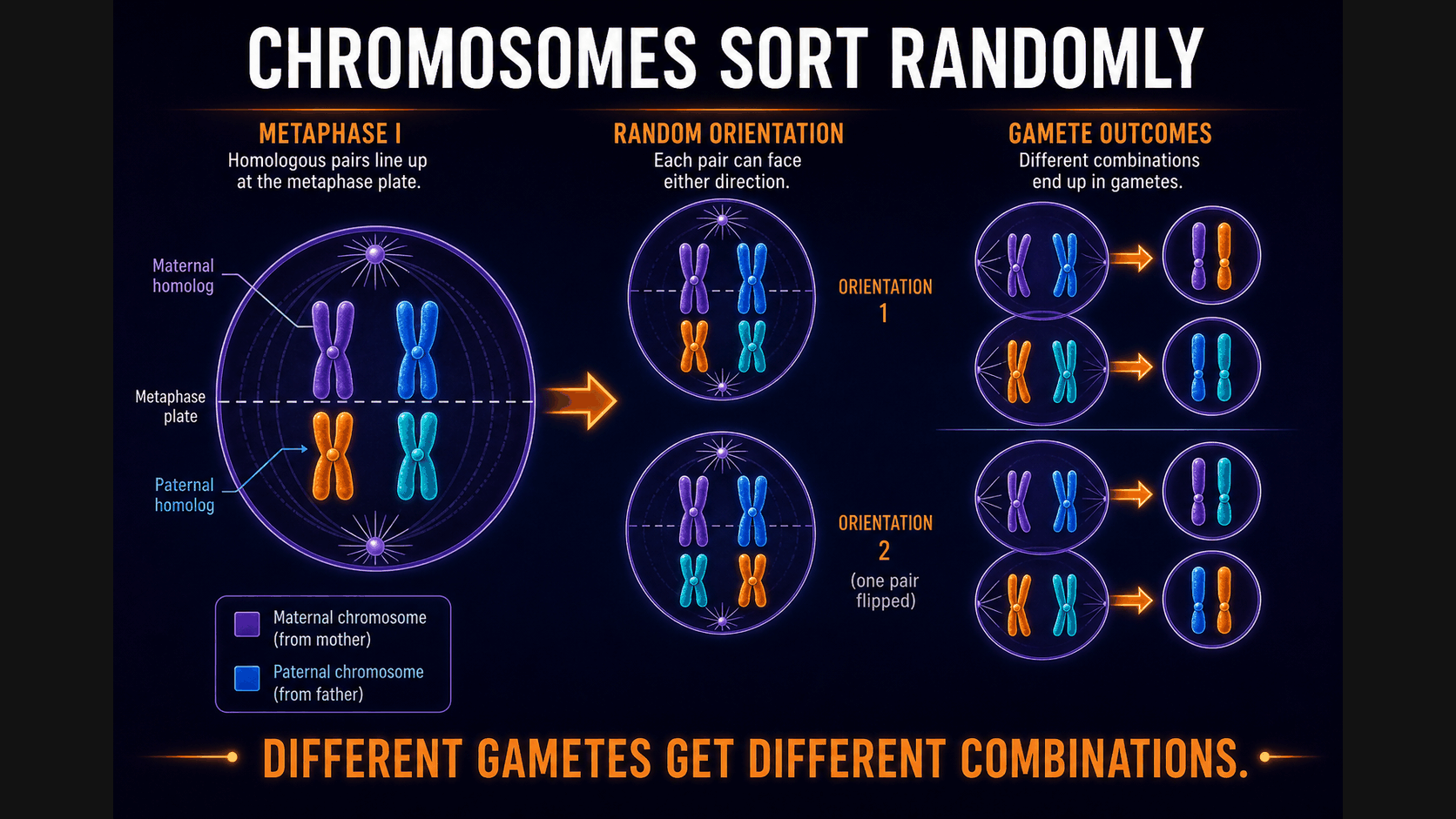 AP Biology independent assortment infographic showing chromosome pairs sorting into different gamete combinations during meiosis