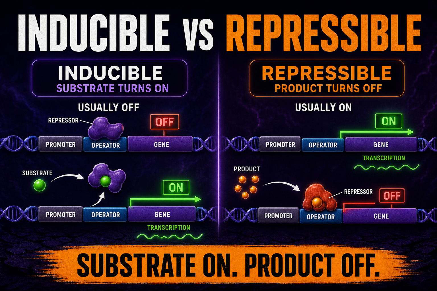 Inducible vs repressible operon AP Biology comparison showing substrate turns on and product turns off
