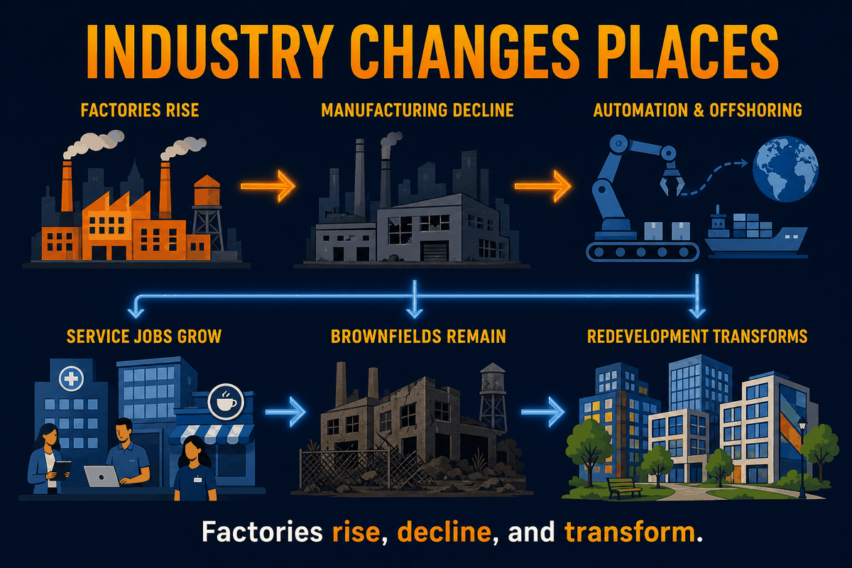 AP Human Geography industrial change infographic showing factory growth, manufacturing decline, service-sector shift, and redevelopment.