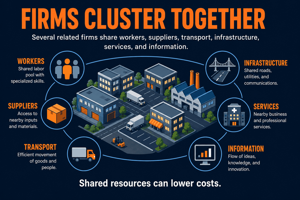 AP Human Geography industrial clustering infographic showing firms clustering to share workers, suppliers, infrastructure, transportation, and services.