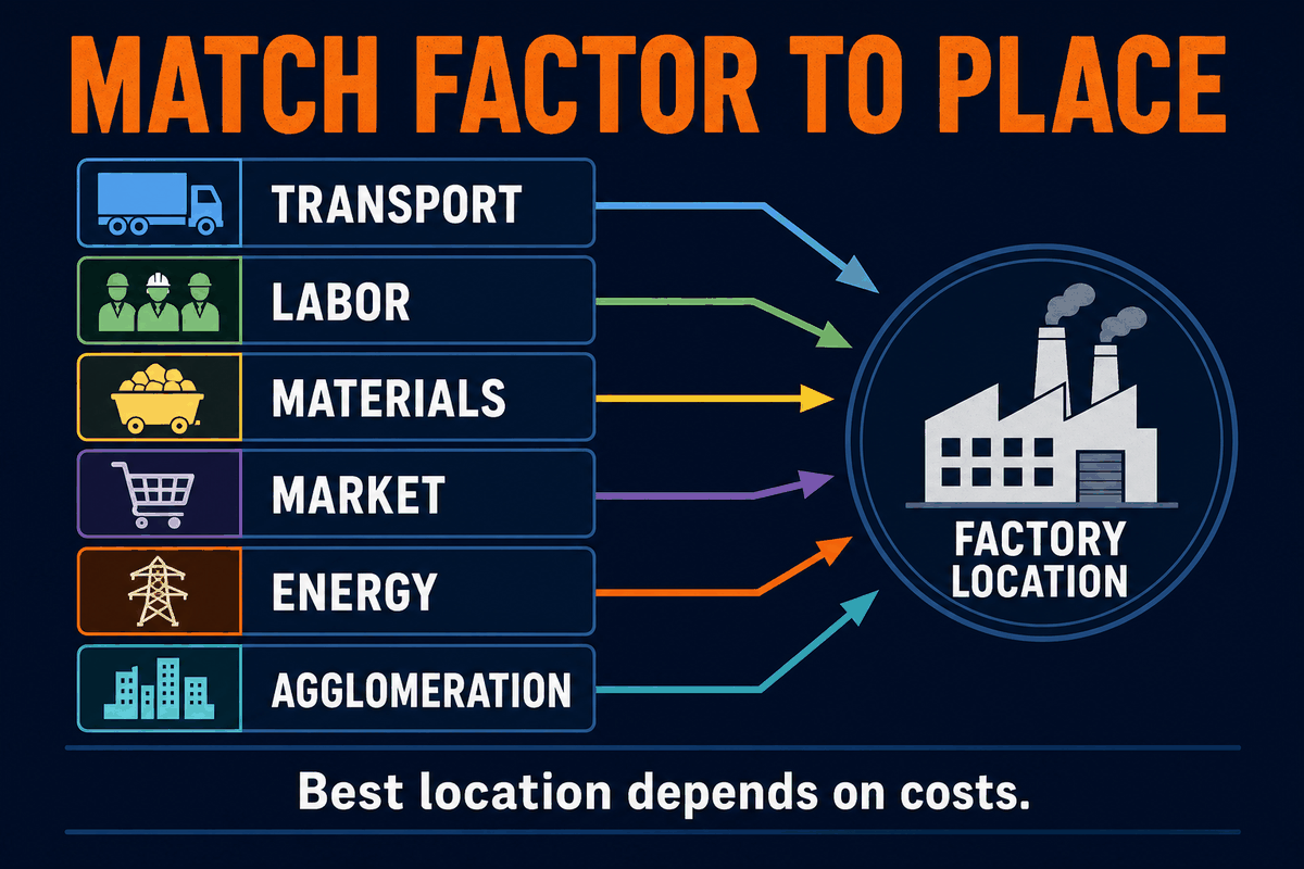 AP Human Geography industrial location factor matrix infographic sorting industries by raw-material orientation, market orientation, transport, labor, and agglomeration.