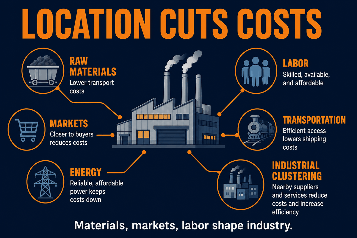 AP Human Geography industrial location factors infographic showing raw materials, markets, labor, transportation, energy, and agglomeration as factors in factory location.