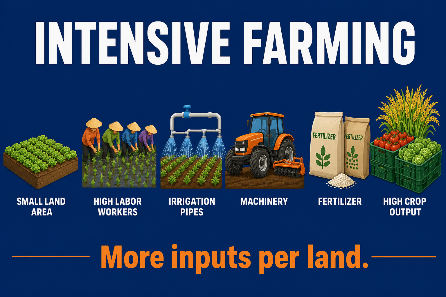 Intensive agriculture AP Human Geography infographic showing small land area with high labor, irrigation, machinery, fertilizer, and high output