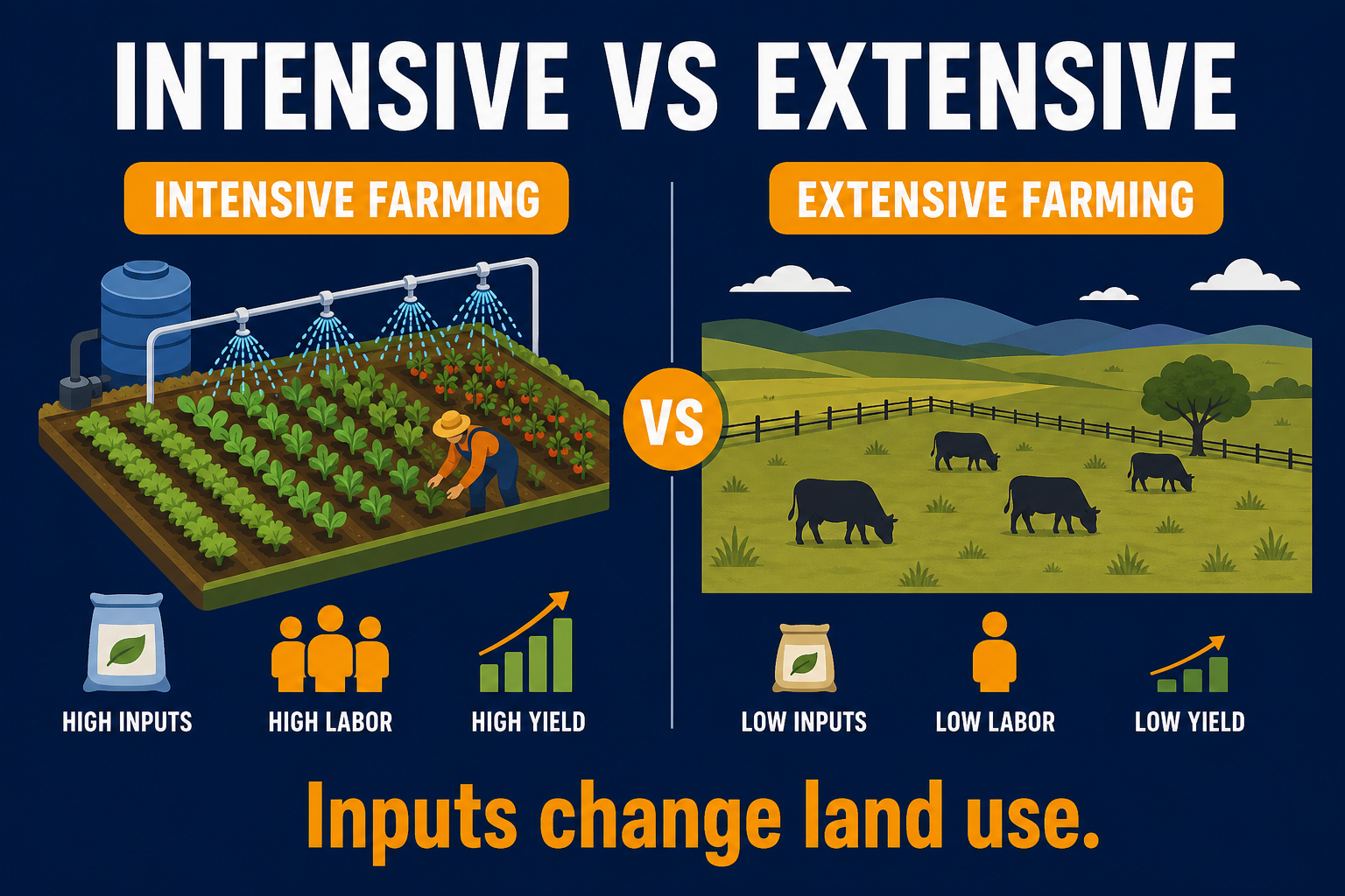 Intensive vs extensive agriculture AP Human Geography infographic comparing high input farming on small land with large land area farming using lower inputs