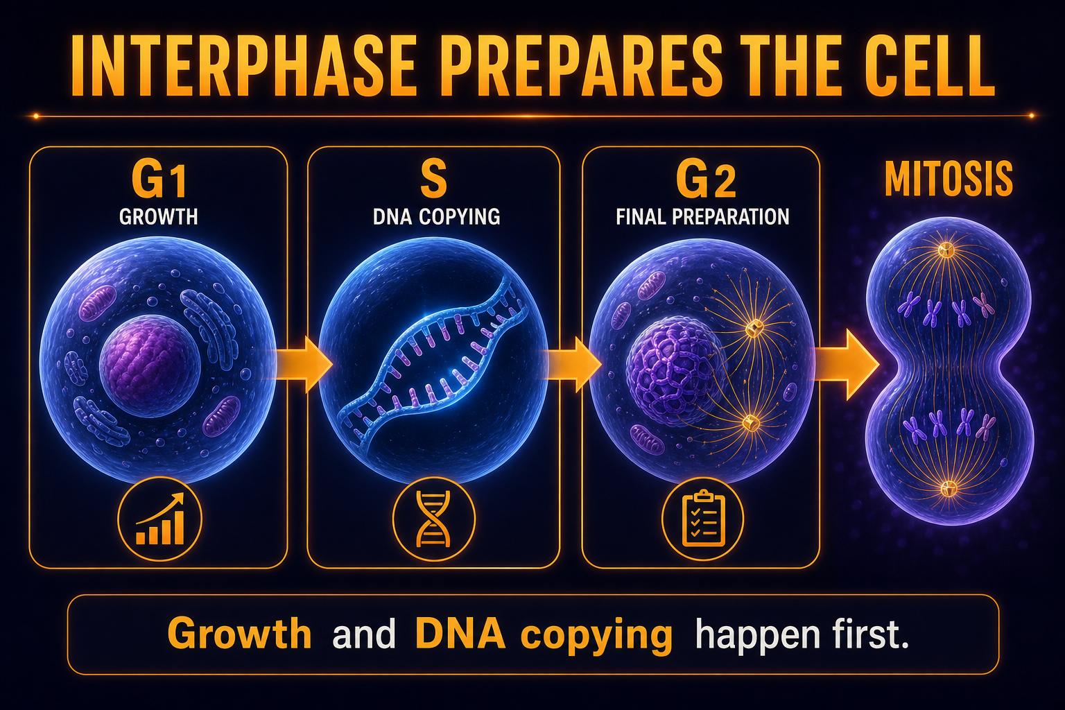 AP Biology interphase infographic showing G1 growth, S phase DNA replication, and G2 preparation before mitosis