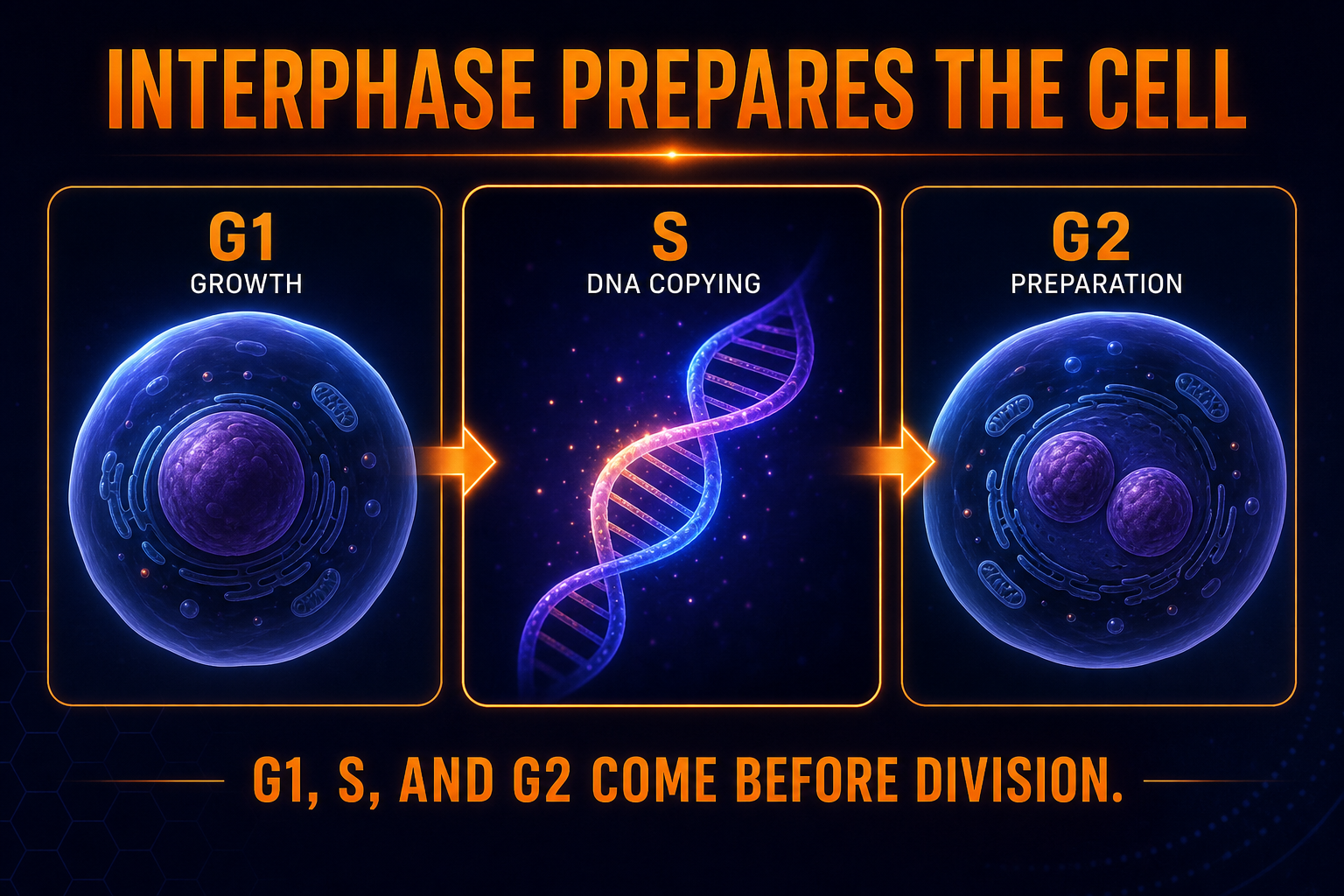 AP Biology interphase infographic showing G1 growth, S phase DNA replication, and G2 preparation before division