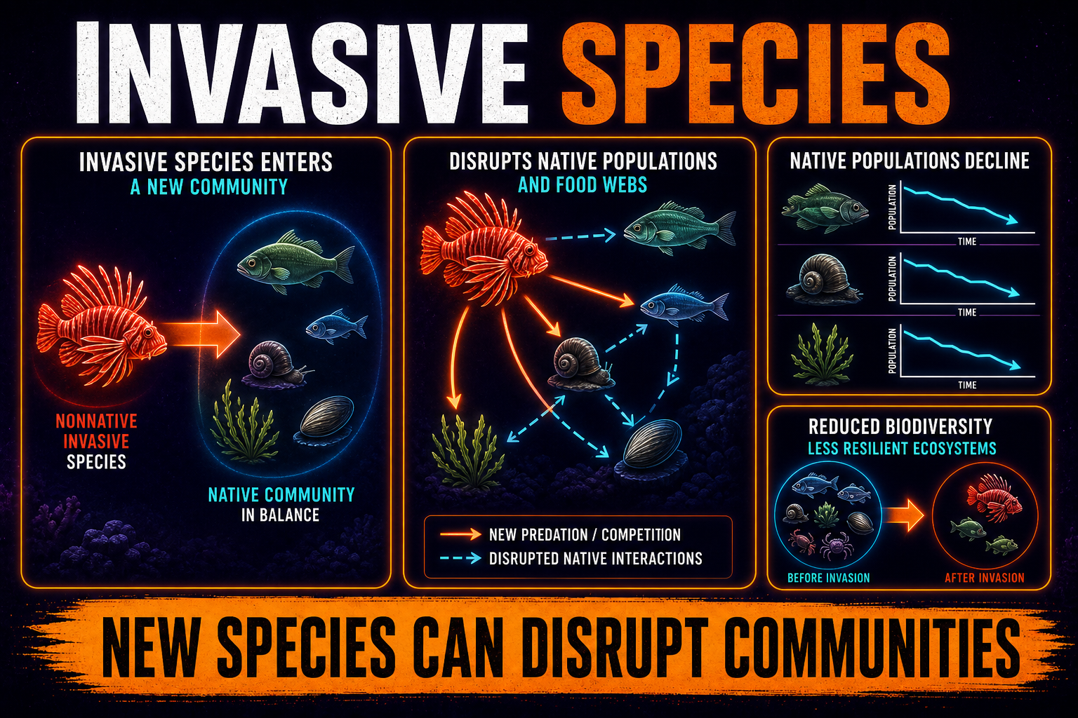 Invasive species community ecology AP Biology showing a nonnative species disrupting native populations and food webs